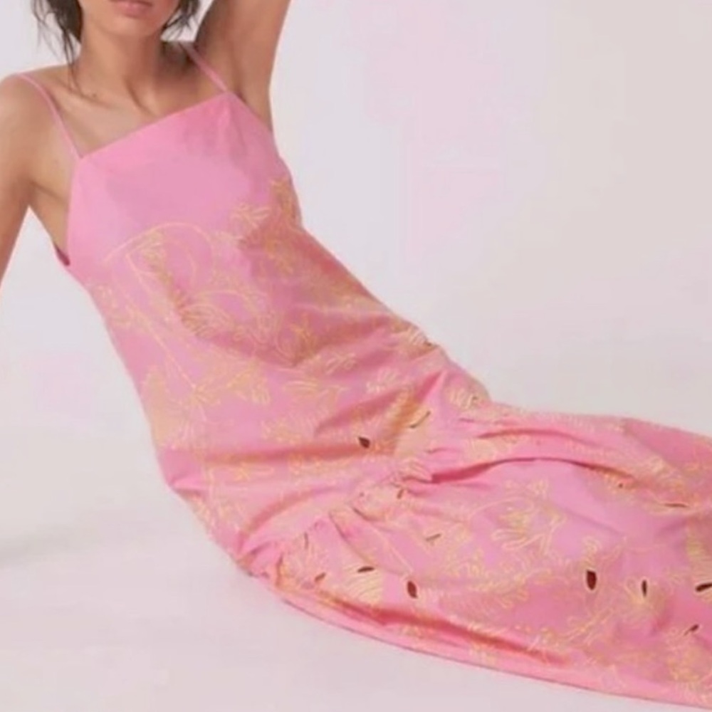Beatrice B Embroidered Pink/Yellow Square Neck Dress NWT Anthropologie Size 0